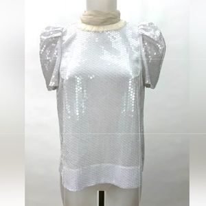 Peter Som Sequin Tulle Pleated Short Sleeve Top Size 6 White